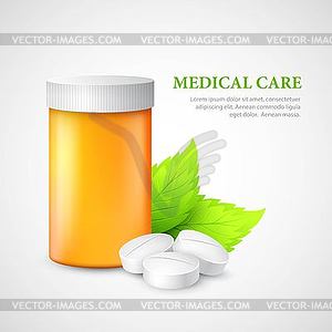 Container and pills. Eco medicine - vector EPS clipart