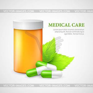 Container and pills. Eco medicine - vector clipart