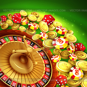 Casino background with chips, craps and roulette - vector image