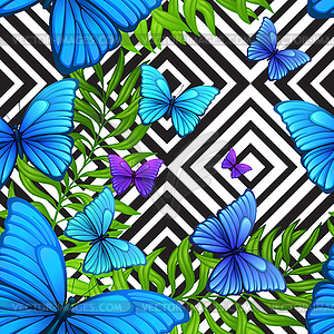 Пальмовых листьев тропического шаблон с голубой бабочки, - рисунок в векторном формате