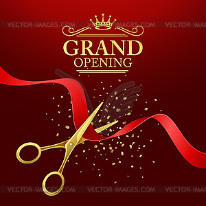 Grand opening with red ribbon and gold scissors - vector image