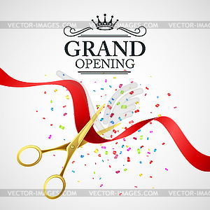 Grand opening with red ribbon and gold scissors - vector image