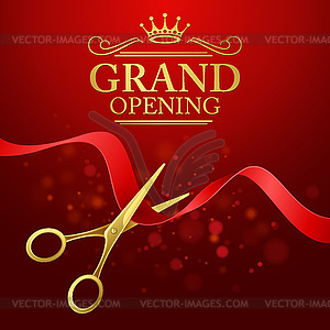 Grand opening with red ribbon and gold scissors - vector clipart