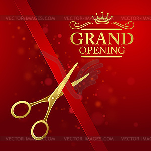 Grand opening with red ribbon and gold scissors - vector image