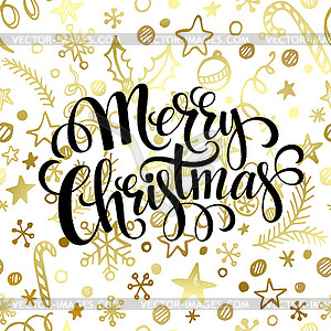 Merry Christmas lettering in golden seamless pattern - vector clip art