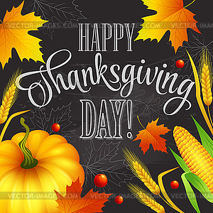 Thanksgiving greeting card with leaves, pumpkin - vector clipart