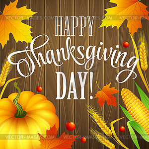 Thanksgiving greeting card with leaves, pumpkin - vector image