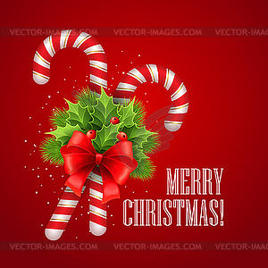 Christmas candy cane with holly and red bow.  - color vector clipart