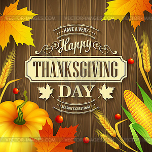 Thanksgiving greeting card with leaves, pumpkin - vector clipart