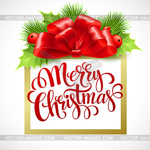 Merry Christmas lettering card with holly - vector image