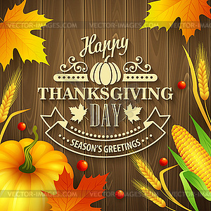 Thanksgiving greeting card with leaves, pumpkin - vector image