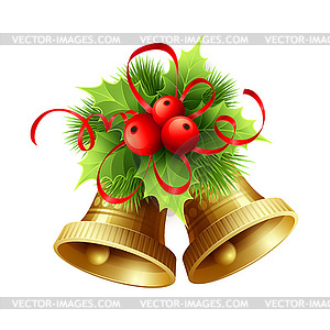 Golden Christmas bells with Holly berries, tinsel - vector image