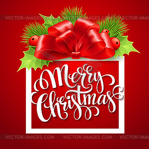 Merry Christmas lettering card with holly - vector image