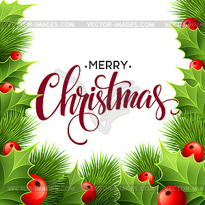 Merry Christmas lettering card with holly - royalty-free vector clipart