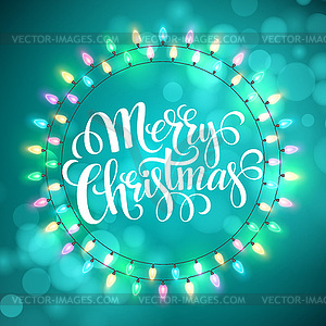 Christma light garlands like frame on blue - color vector clipart