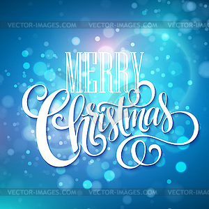 Merry christmas handwritten text on blue bokeh - vector clipart