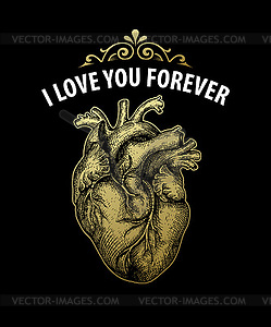 Gold Vintage heart. Valentine day card. Typography - vector clipart