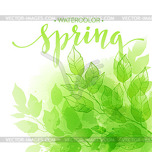 Watercolor background with green leaves - vector image