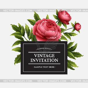 Luxurious peony flower and leaves greeting card - vector image