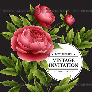 Luxurious peony flower and leaves greeting card - vector image