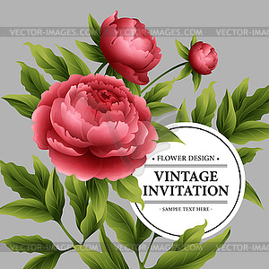 Luxurious peony flower and leaves greeting card - vector clipart