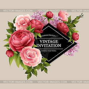 Vintage Greeting Card with Blooming Flowers - color vector clipart