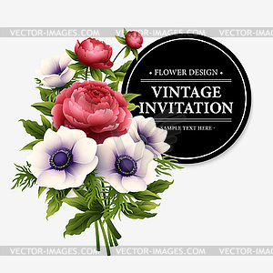 Greeting card with anemone and peony flower - vector clip art