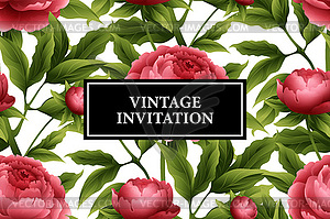 Luxurious peony flower and leaves greeting card - vector clipart