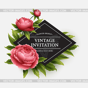 Luxurious peony flower and leaves greeting card - color vector clipart