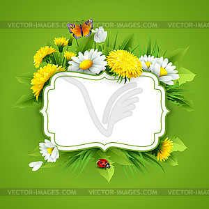 Свежий весенний фон с травой, одуванчиками и - стоковое векторное изображение