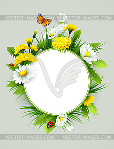 Fresh spring background with grass, dandelions and - vector clip art