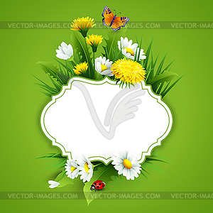 Fresh spring background with grass, dandelions and - vector clip art