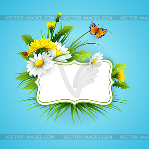 Fresh spring background with grass, dandelions and - vector clipart