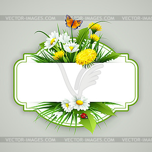 Fresh spring background with grass, dandelions and - vector image