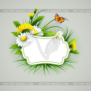 Fresh spring background with grass, dandelions and - vector image