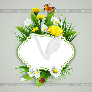 Fresh spring background with grass, dandelions and - royalty-free vector clipart