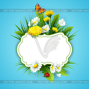 Fresh spring background with grass, dandelions and - vector clipart