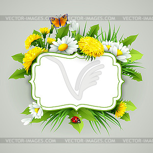 Fresh spring background with grass, dandelions and - vector image