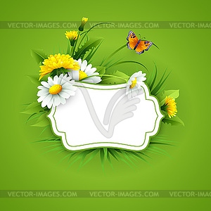 Fresh spring background with grass, dandelions and - vector clipart