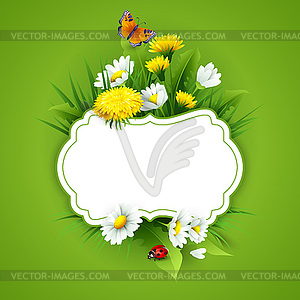 Свежий весенний фон с травой, одуванчиками и - иллюстрация в векторном формате