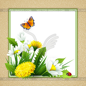 Fresh spring background with grass, dandelions and - vector image