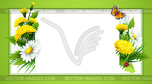 Fresh spring background with grass, dandelions and - vector clip art