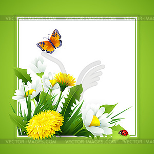 Fresh spring background with grass, dandelions and - vector clipart