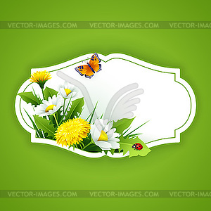 Fresh spring background with grass, dandelions and - vector image