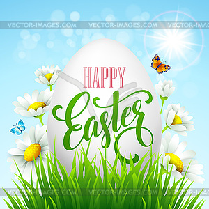Easter greeting lettering. Eggs and flowers - vector clipart