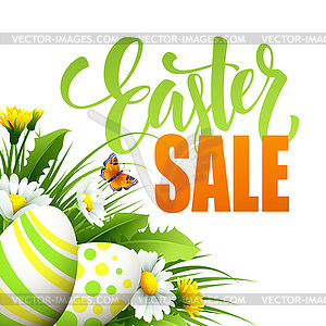 Easter sale background with eggs and spring flower - color vector clipart