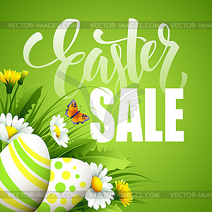 Easter sale background with eggs and spring flower - vector clip art