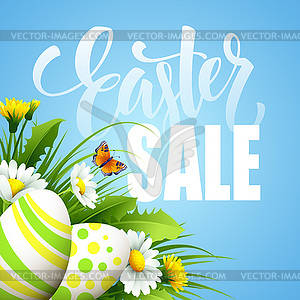 Easter sale background with eggs and spring flower - vector image