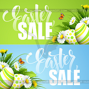 Easter sale background with eggs and spring flower - vector clipart