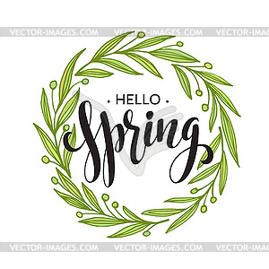 Words Spring with wreath, branches,leaves  - vector clip art